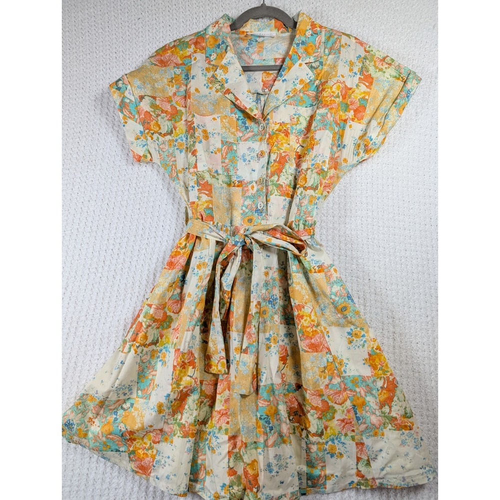 Talulah Patchwork Floral Button Front Shirt Dress Orange Yellow Blue L Cottge